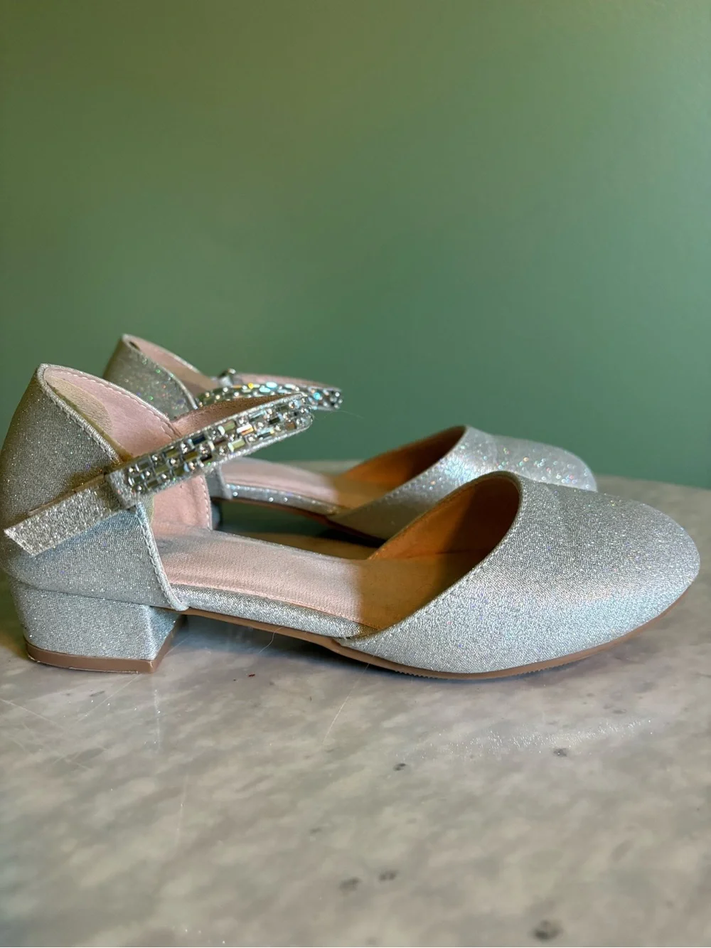 Sparkle Ankle-Strap Kids Low Heel in Silver